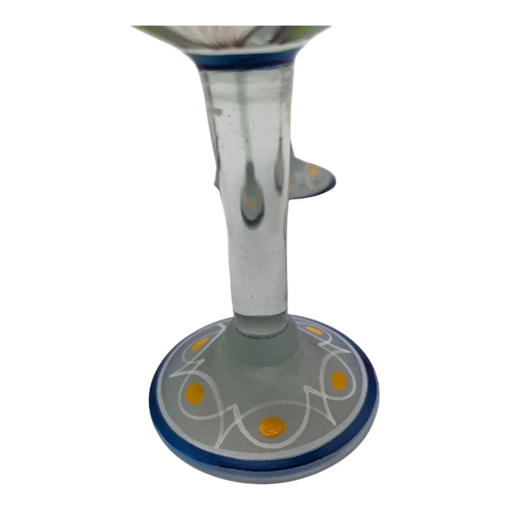 Set of 4 Hand Painted Mexican Blue Rim Margarita Glass White Calla Lilies Lily
